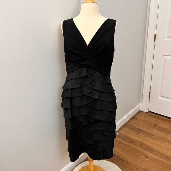Adrianna Papell Black Tiered Hammered Satin Sheath Dress Sz 14 - Picture 2 of 12